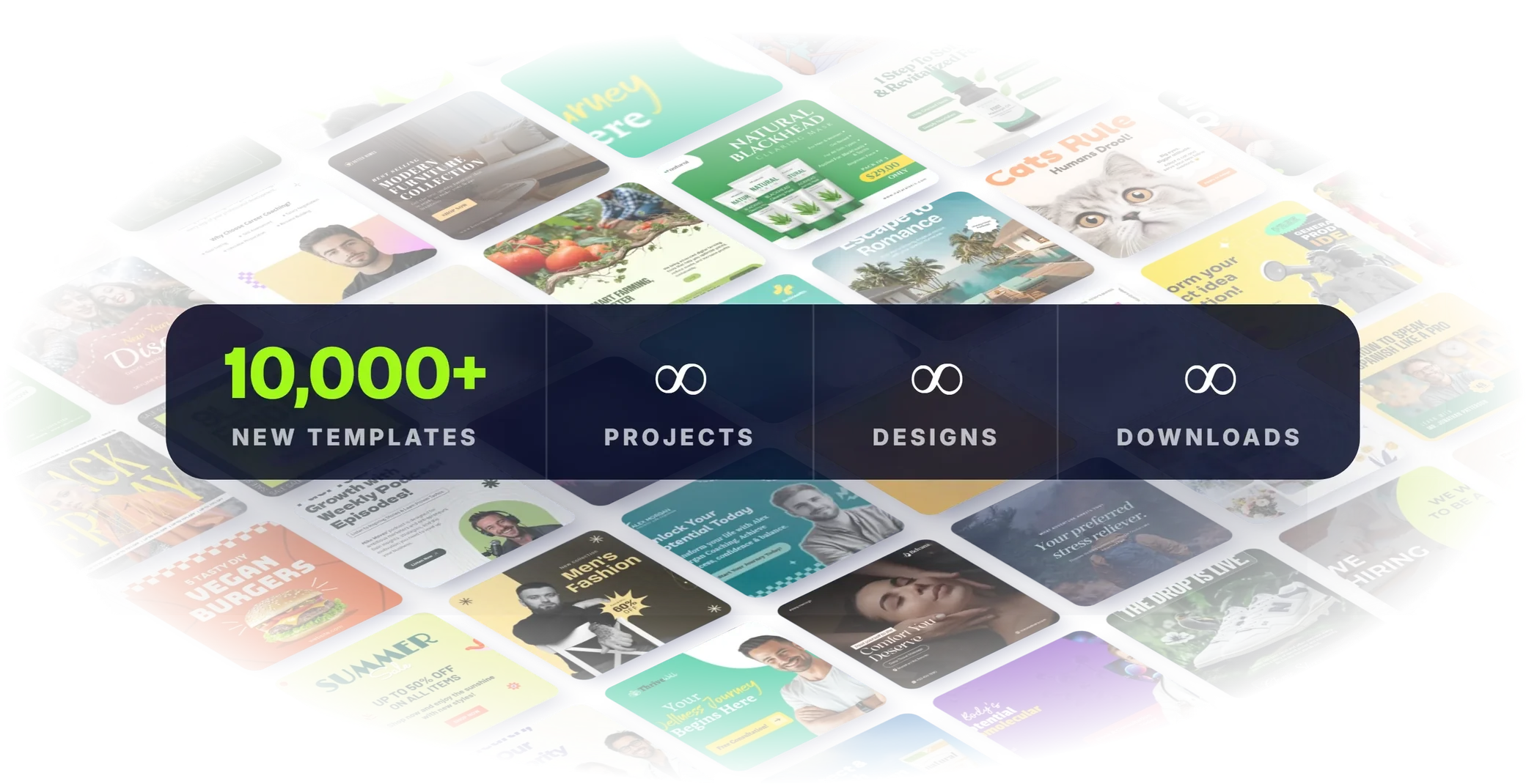 An endless floor of ClickDesigns templates behind a bar reading 10,000+ new templates, unlimited projects, unlimited designs and unlimited downloads
