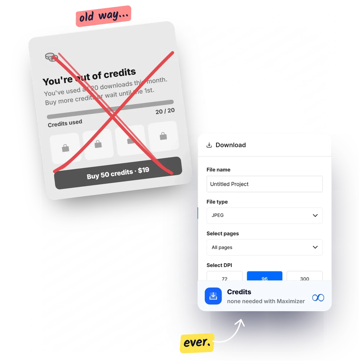 An out-of-credits pop-up crossed out beside the ClickDesigns download panel showing no credits needed