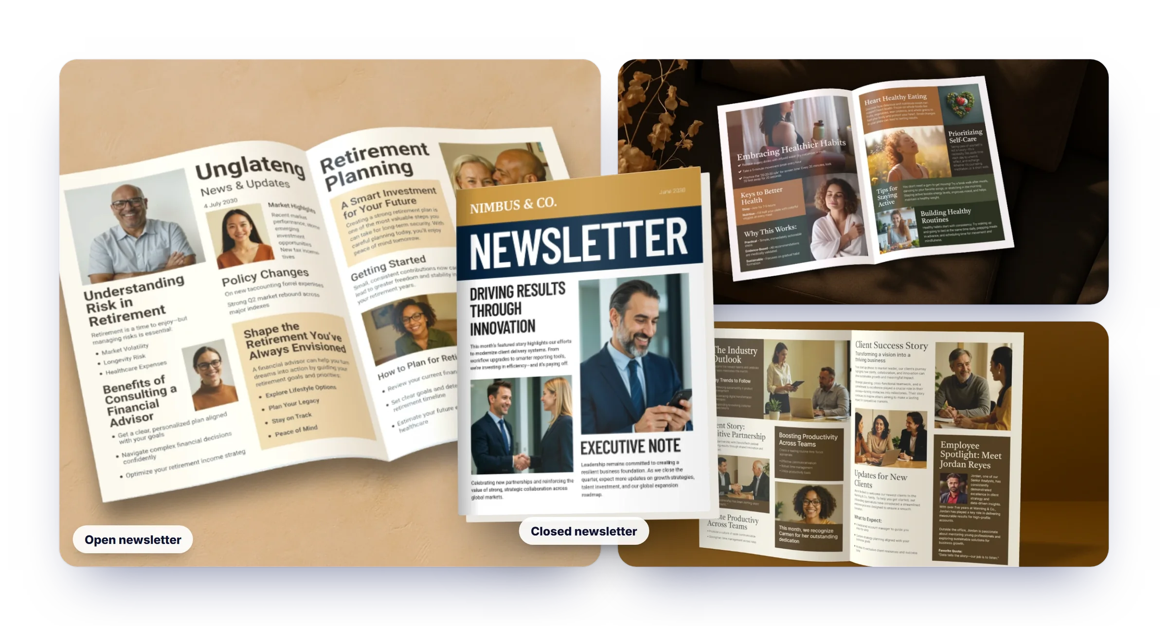 Open newsletter mockups in photographic scenes and a closed Nimbus & Co. newsletter cover in 3D