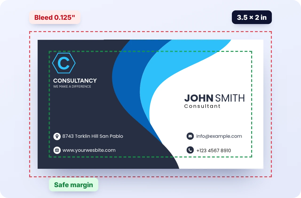 A business card with bleed and safe margin guides