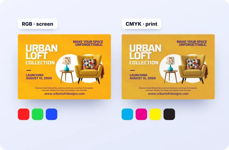 The same flyer in RGB for screen and CMYK for print
