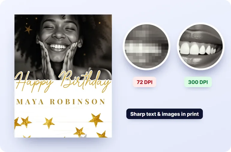 A birthday card zoomed in at 72 DPI, pixelated, and at 300 DPI, sharp