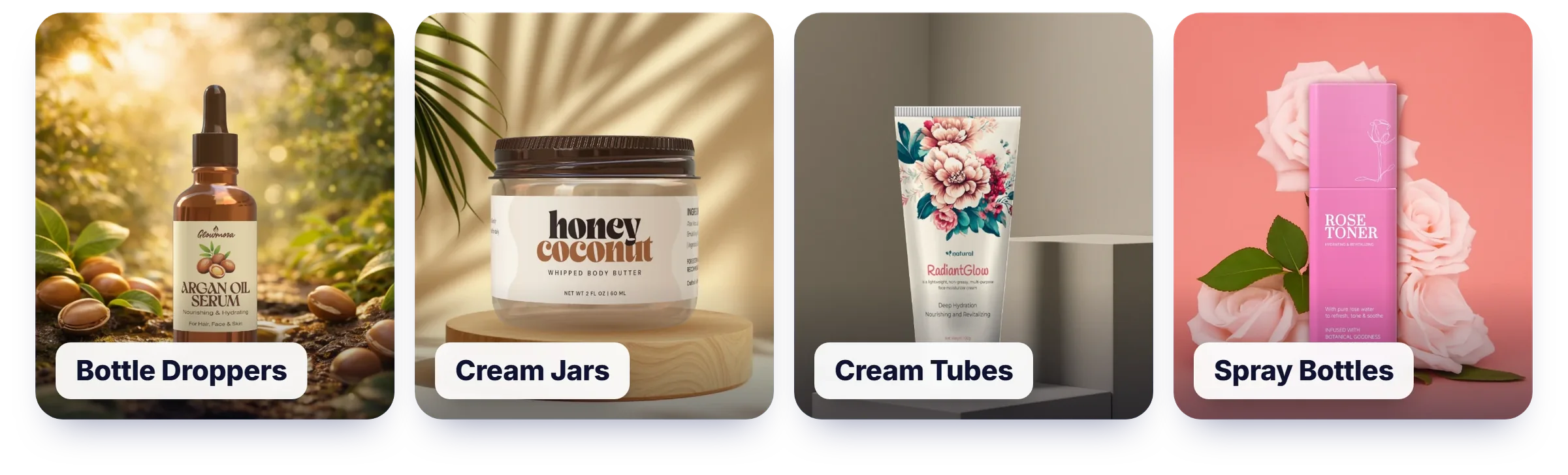 A shelf of ClickDesigns cosmetic mockups: bottle droppers, cream jars, cream tubes and spray bottles