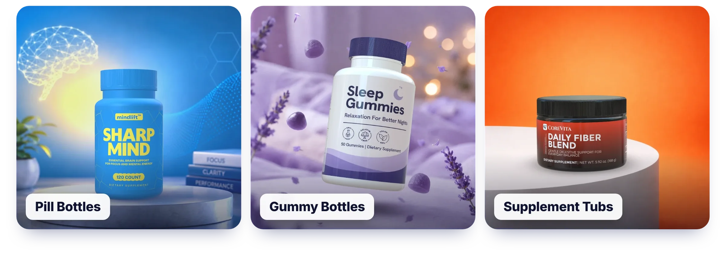 ClickDesigns supplement mockups: a pill bottle, a gummy bottle and a supplement tub