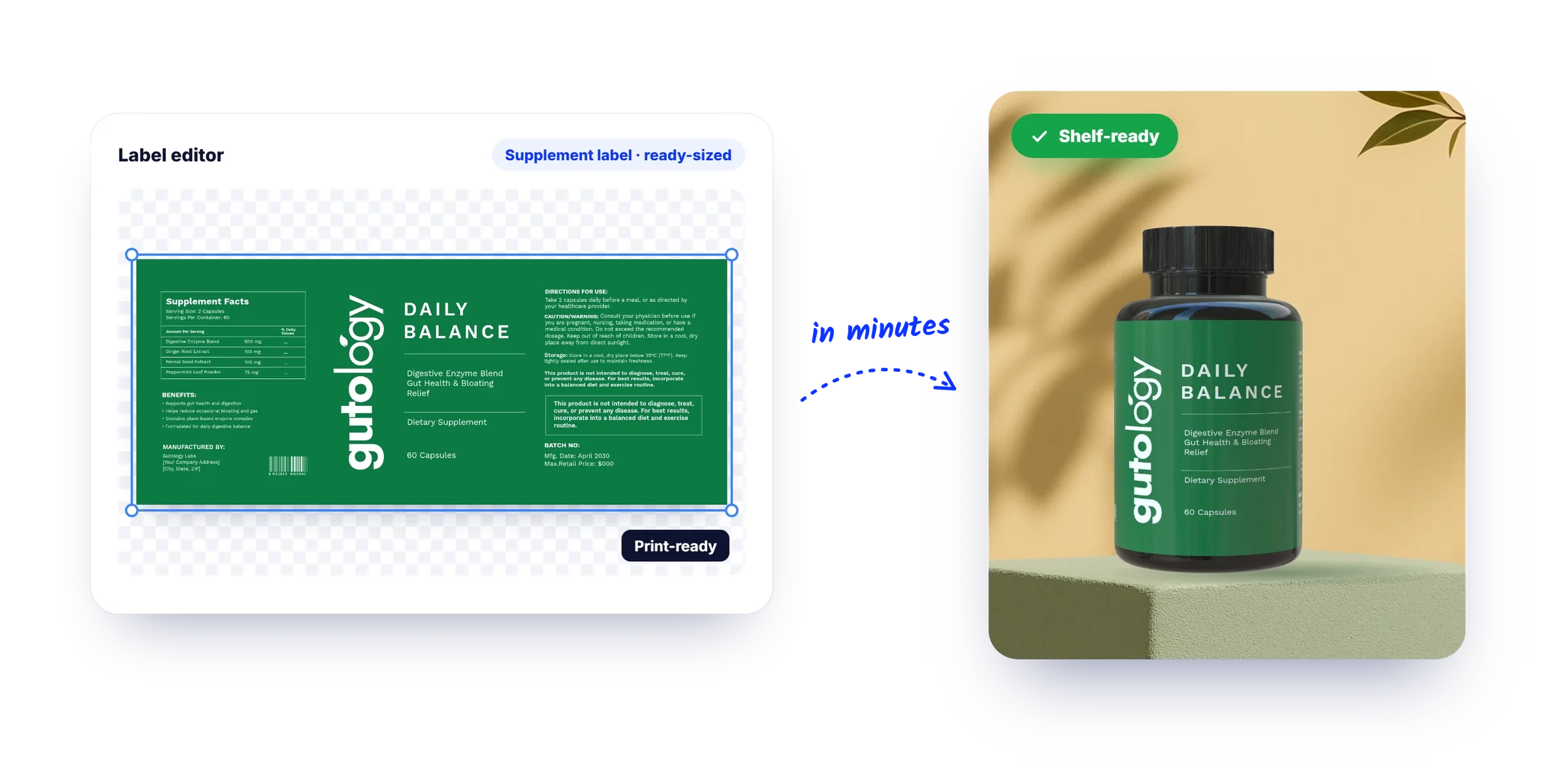 A Gutology Daily Balance supplement label in the ClickDesigns label editor, then the same label on a finished bottle