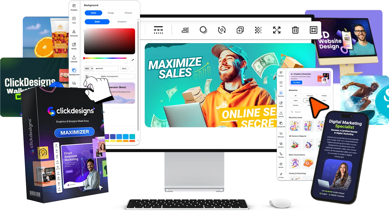 ClickDesigns Maximizer bundle - editor on desktop with product mockups and templates