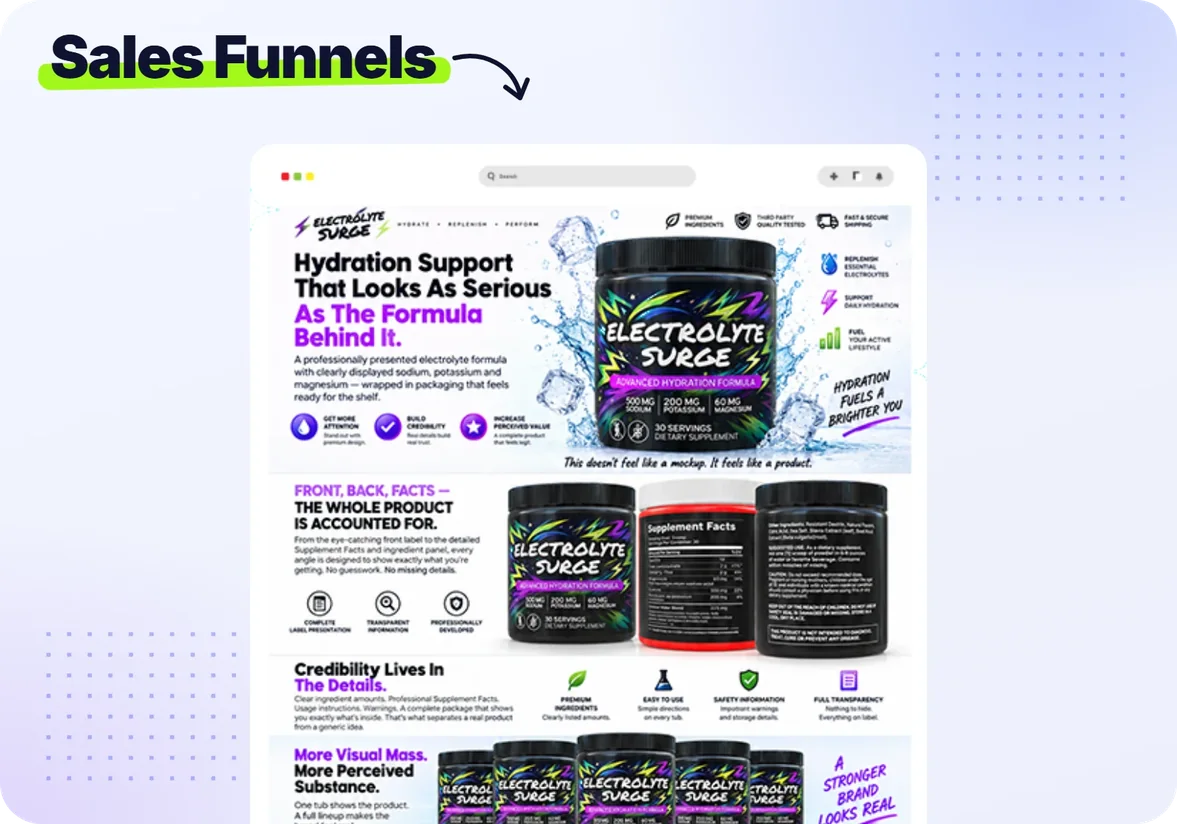 A sales funnel page on a phone built from ClickDesigns bonus, guarantee and pricing graphics
