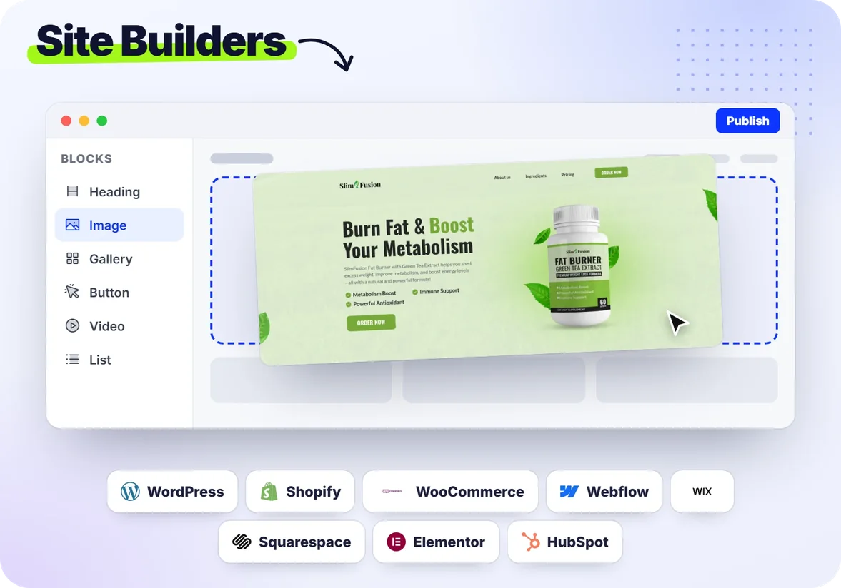 A ClickDesigns graphic dropped into site builders like HighLevel, Shopify, ClickFunnels and Kajabi