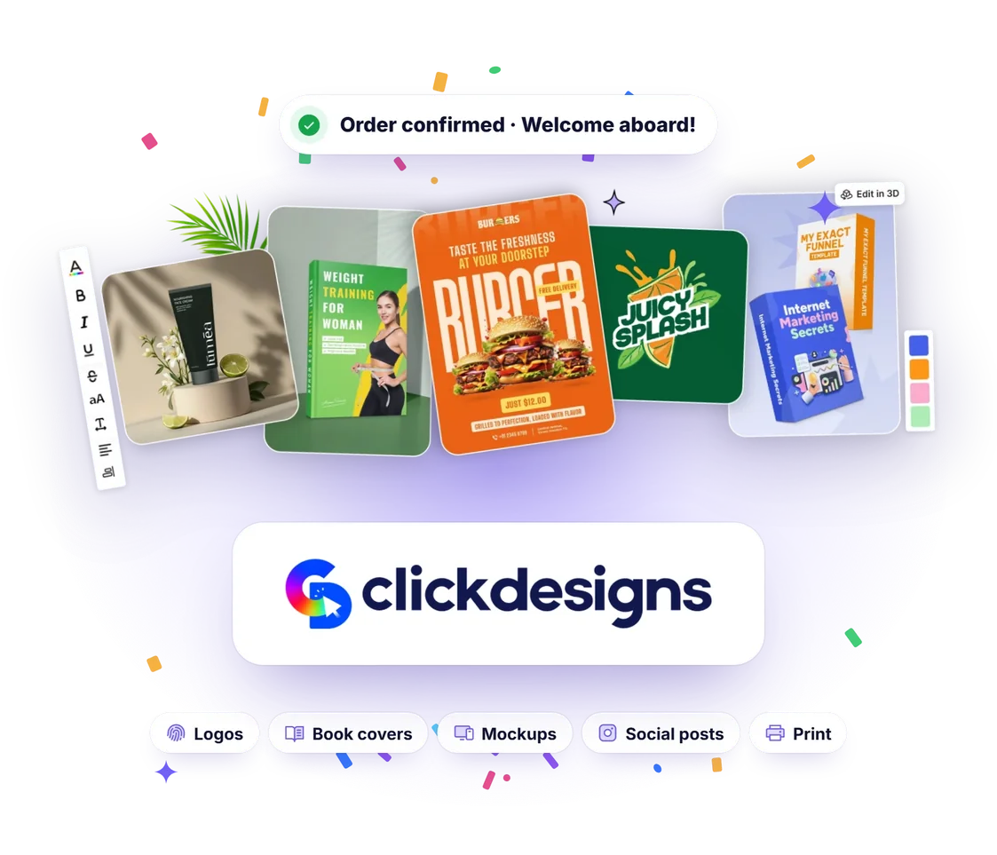 Illustration of a designer pointing at ClickDesigns editor panels for backgrounds, gradients and text