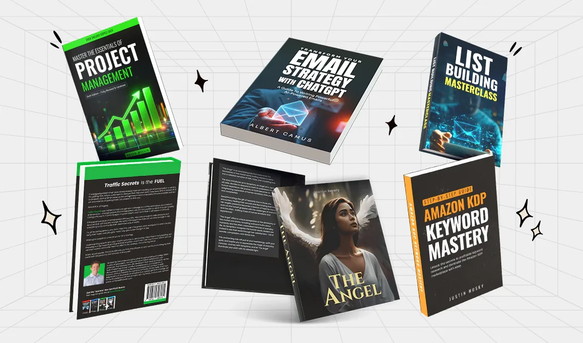 Book cover mockups: Project Management, Email Strategy With ChatGPT, List Building Masterclass, The Angel and Amazon KDP Keyword Mastery