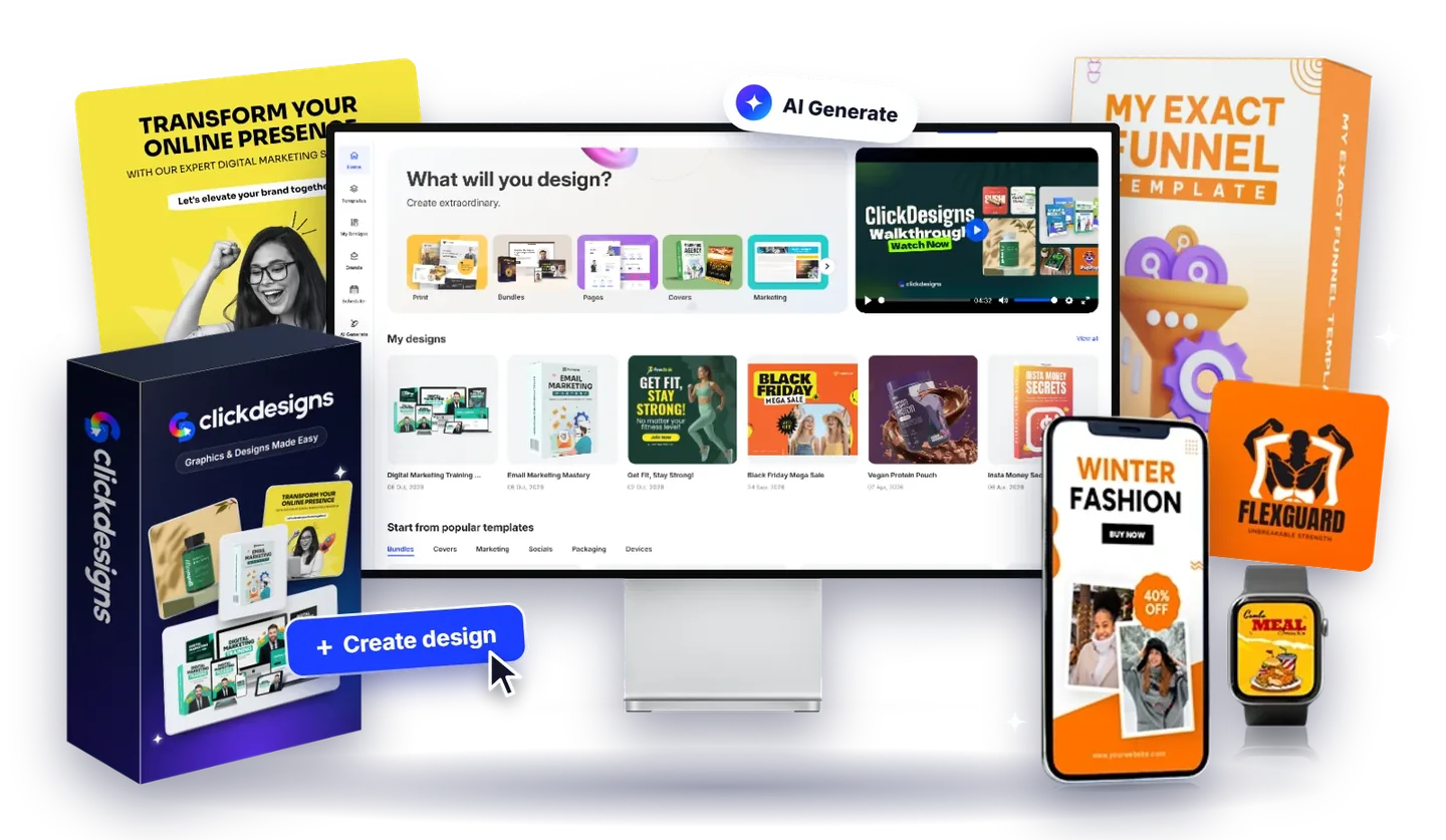 The ClickDesigns X editor on a desktop, surrounded by a software box, phone, watch and finished designs like Black Friday banners, funnel covers and fashion ads