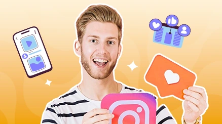 A social media marketer holding an Instagram logo and a like icon