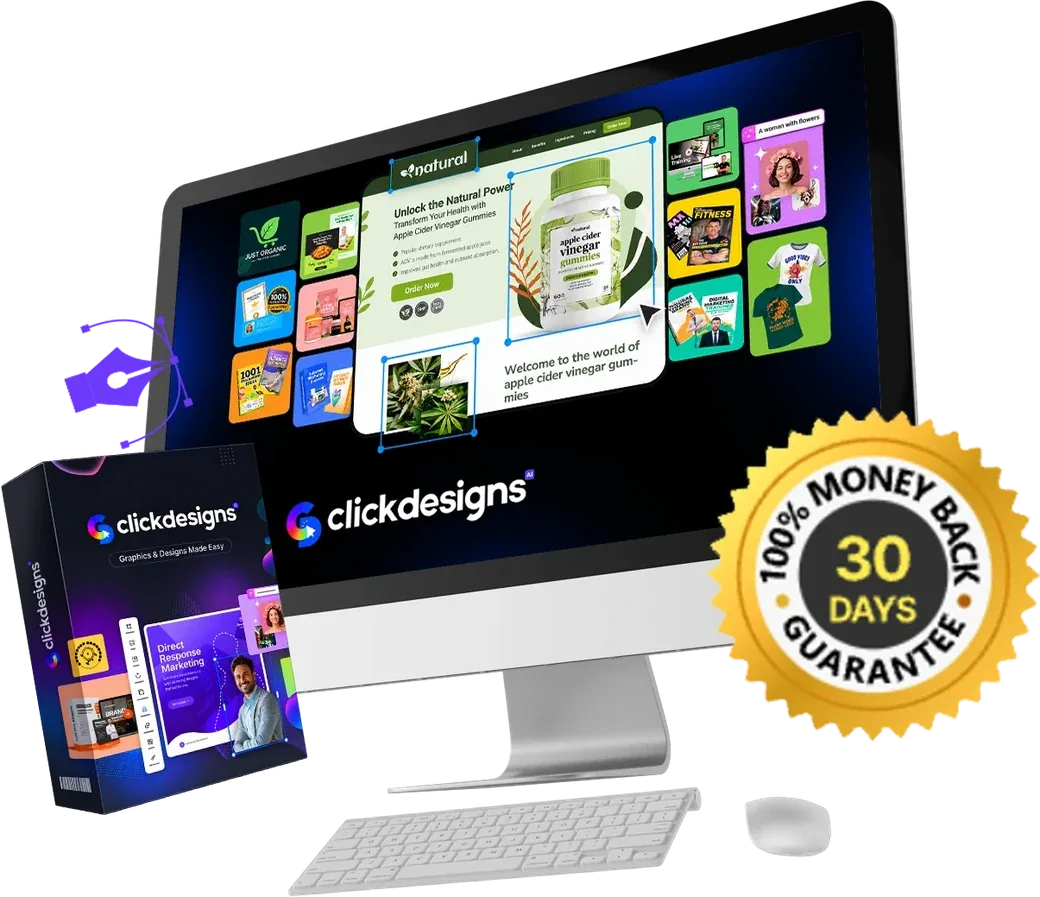 ClickDesigns on a desktop and software box with a gold 30-day 100% money-back guarantee seal
