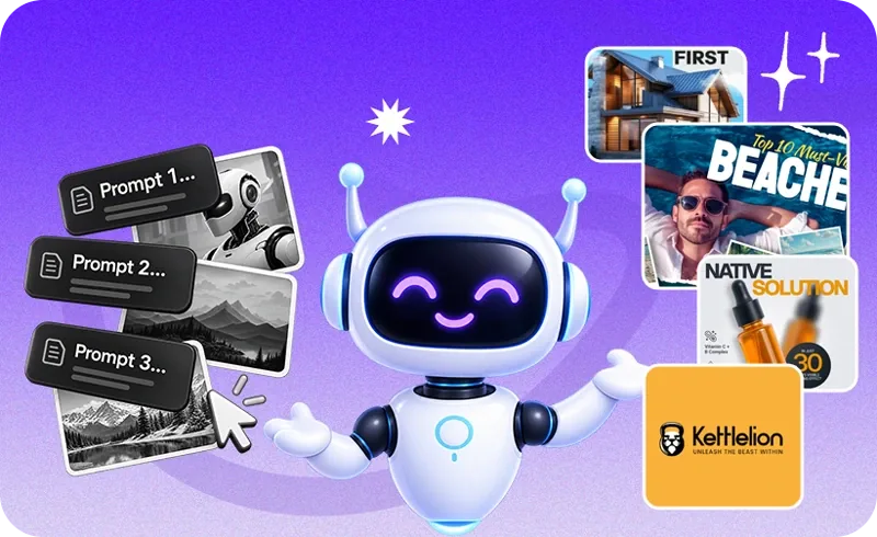 A friendly robot surrounded by prompt cards and finished ad creatives