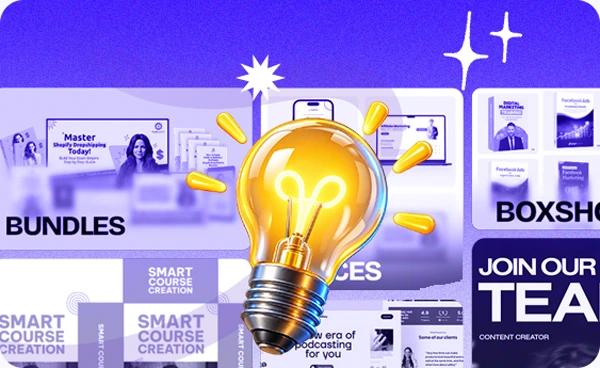 A lightbulb surrounded by bundle, boxshot and course cover designs