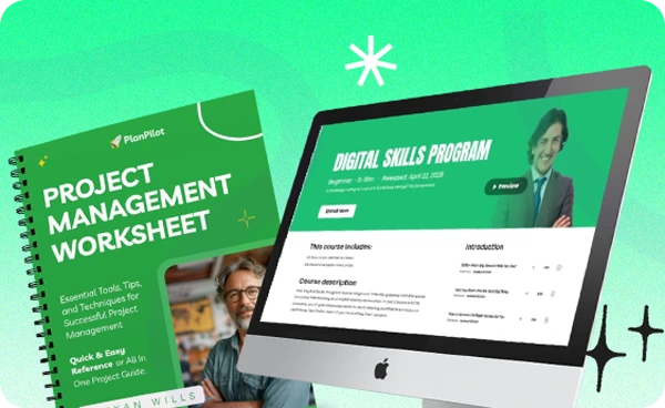 A project management worksheet and a digital skills course shown on a desktop screen