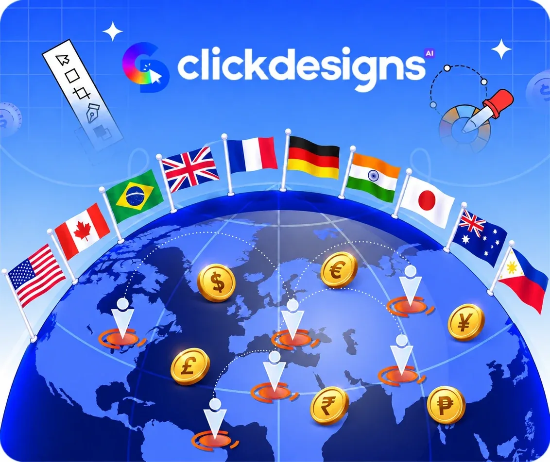 A globe ringed with flags from around the world, with ClickDesigns location pins and dollar, euro, pound, yen, rupee and peso coins