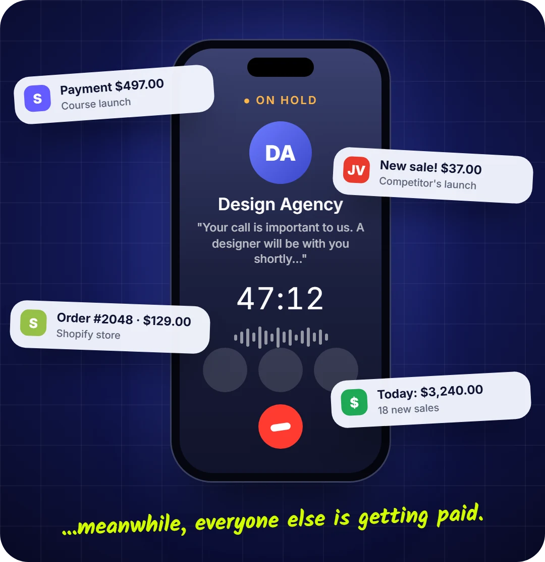 A phone stuck on hold with a design agency for 47 minutes while sale notifications keep popping up for everyone else