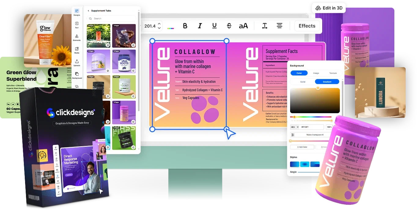 The ClickDesigns editor surrounded by supplement labels, covers and 3D product mockups
