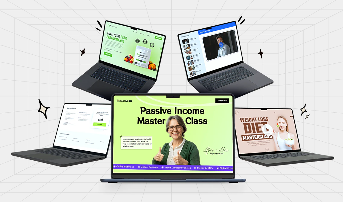 Laptop mockups showing sales pages and a Passive Income Master Class site