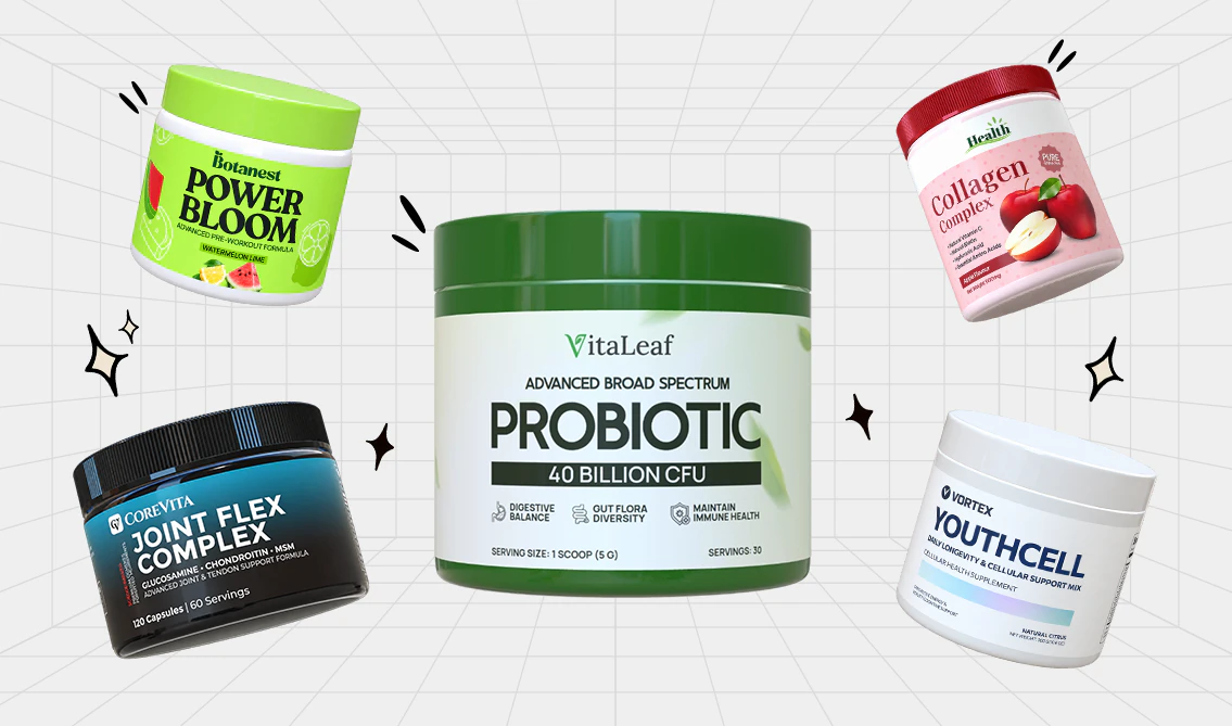 Supplement tub mockups including Probiotic, Power Bloom, Joint Flex Complex and Collagen