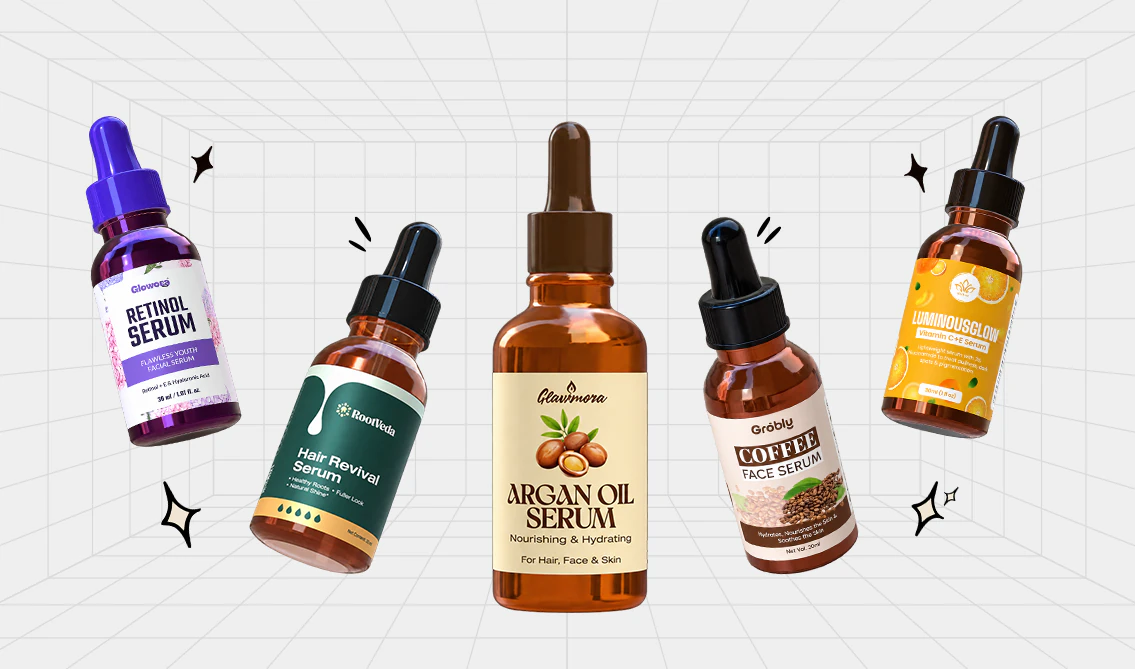 Dropper bottle mockups including Retinol Serum, Argan Oil Serum and Coffee extract