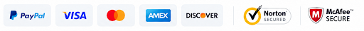 PayPal, Visa, Mastercard, Amex, Discover, Norton Secured, McAfee Secure