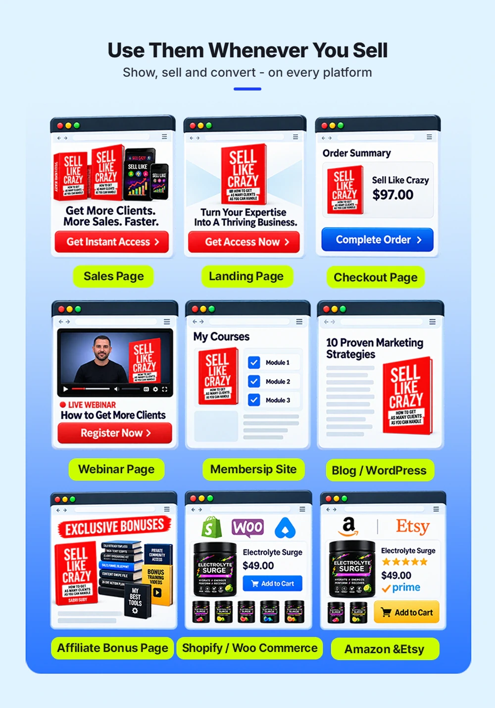 Use them whenever you sell: sales pages, landing pages, checkout pages, webinar pages, membership sites, blogs, affiliate bonus pages, Shopify and Amazon listings