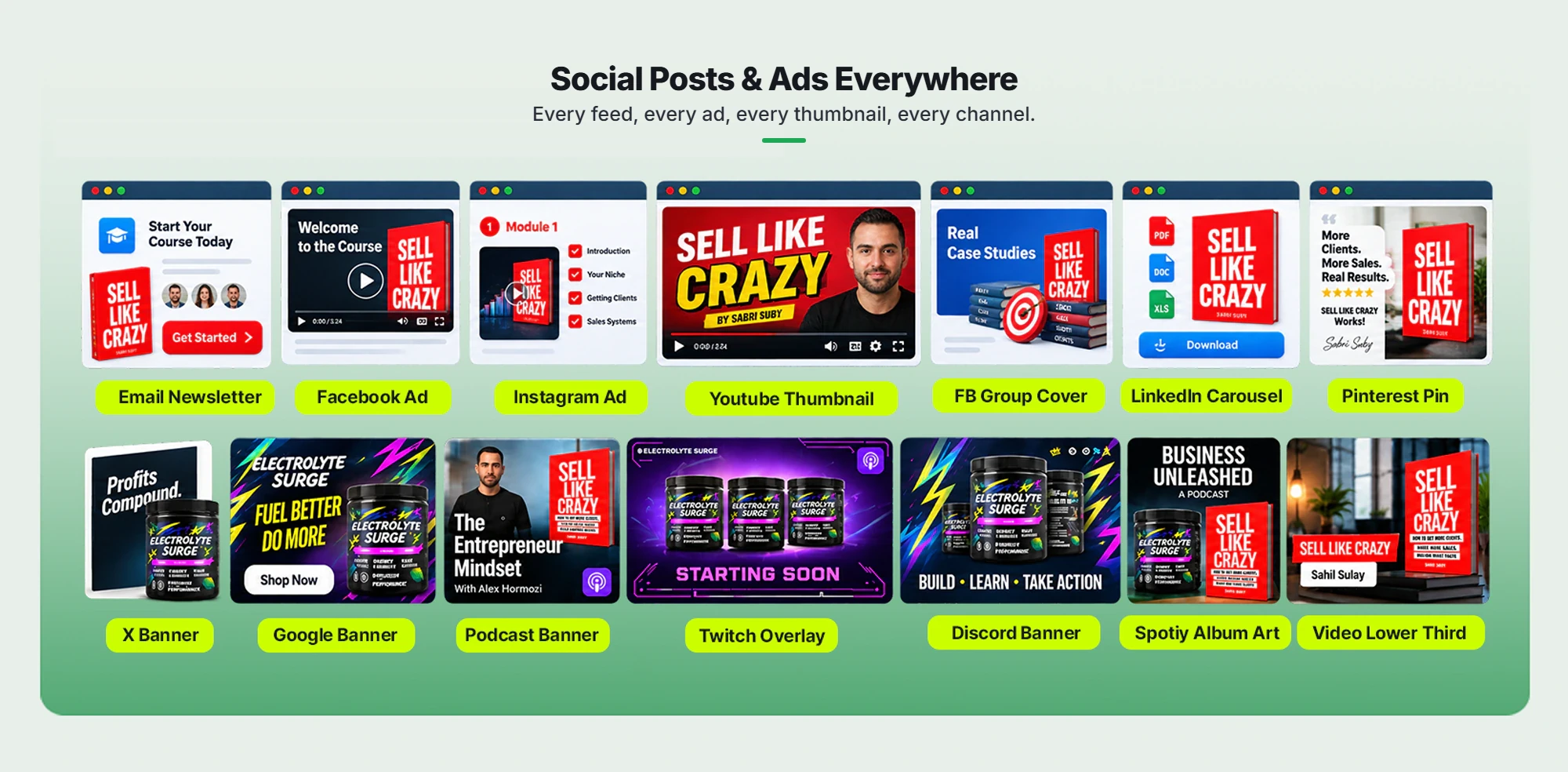 Use them on every platform: email newsletters, Facebook and Instagram ads, YouTube thumbnails, FB group covers, LinkedIn carousels, Pinterest pins, X and Google banners, podcast and Spotify art, Discord banners, Twitch overlays and video lower thirds