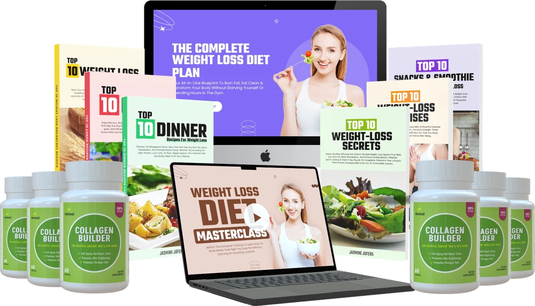 Weight Loss Diet course bundle with ebooks, devices and supplement bottles