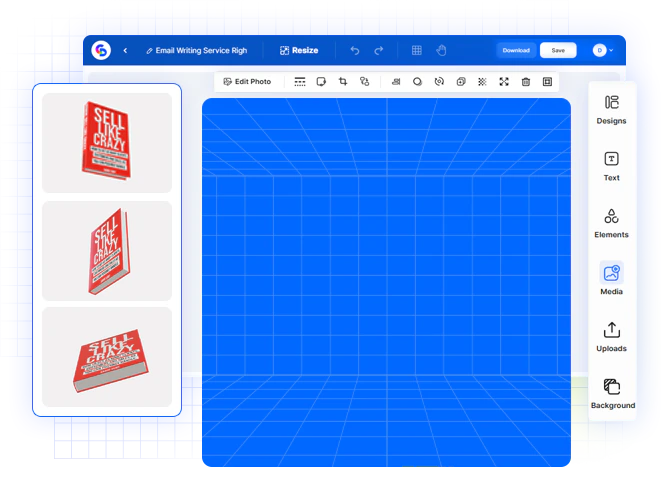 The ClickDesigns 3D Studio with three book angle thumbnails and the tools sidebar