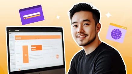 A website owner next to a laptop showing a web page