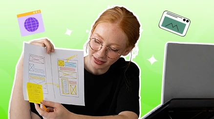 A funnel designer reviewing printed page wireframes