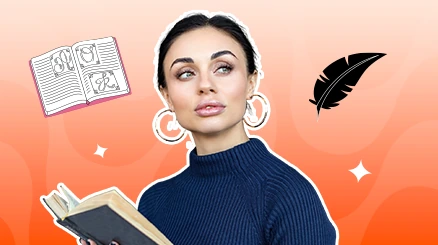An author holding an open book beside a quill icon