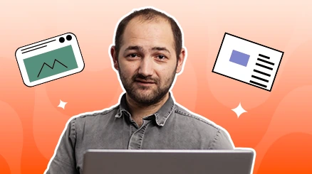 A software creator at a laptop with app window icons