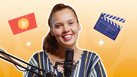A video creator speaking into a podcast microphone