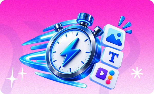 A glowing stopwatch with image, text and media icons