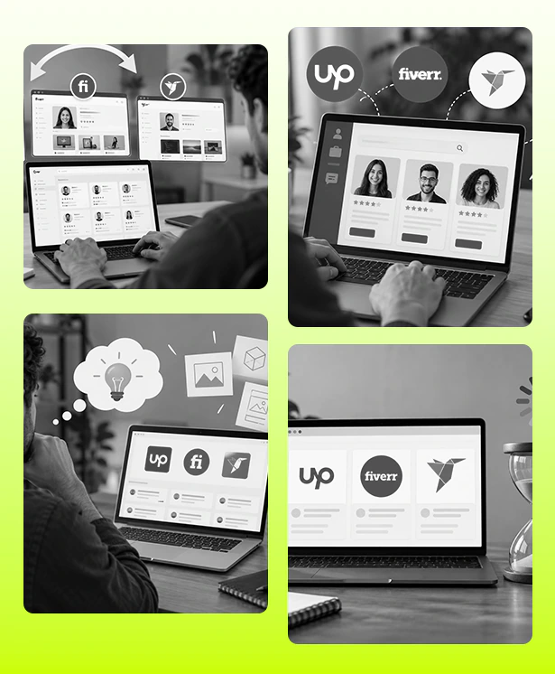 Hiring freelancers: browsing Upwork and Fiverr profiles, briefing and waiting on deliveries