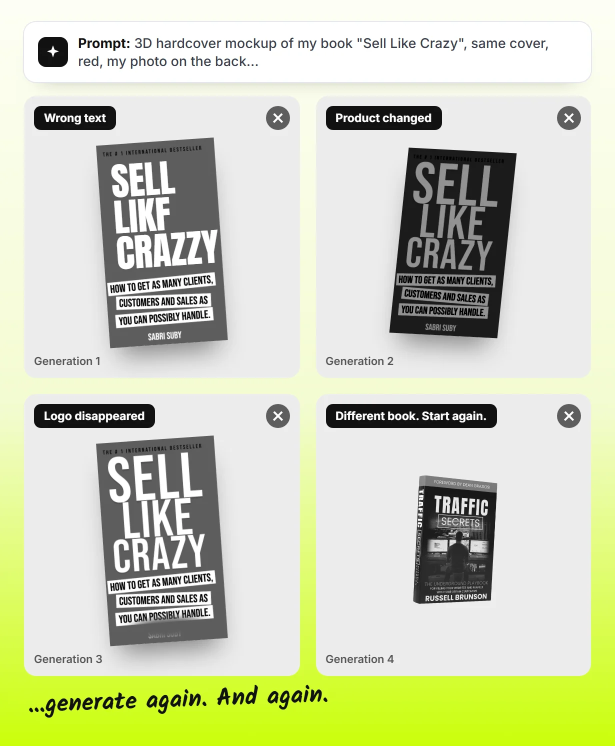 One book prompt, four AI generations: wrong text, product changed, logo disappeared, a different book