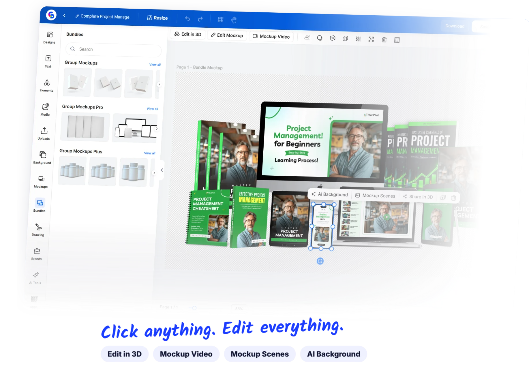 The real ClickDesigns X editor: the phone in a Project Management bundle selected, with Edit in 3D, Edit Mockup, Mockup Video, AI Background, Mockup Scenes and Share in 3D