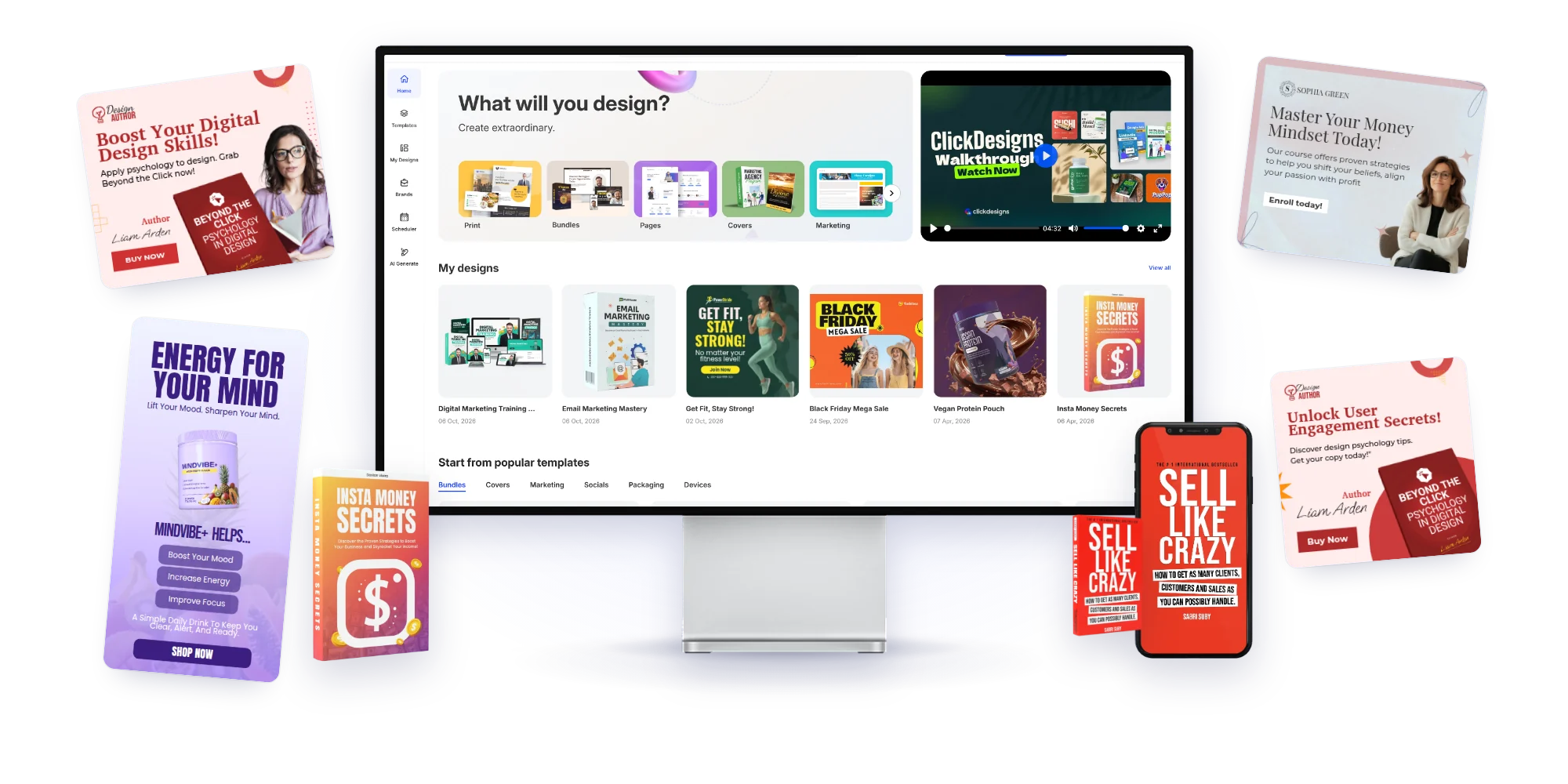 The ClickDesigns X dashboard on a studio display, surrounded by real templates