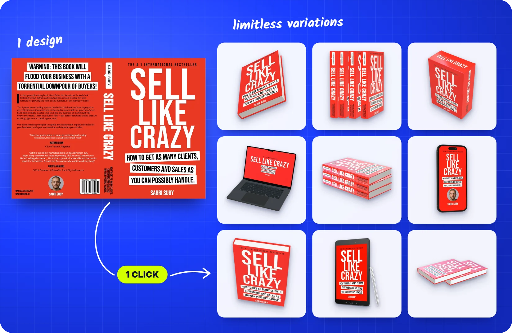 One flat Sell Like Crazy design turned into nine variations in one click: angles, stacks, box, laptop, phone and tablet