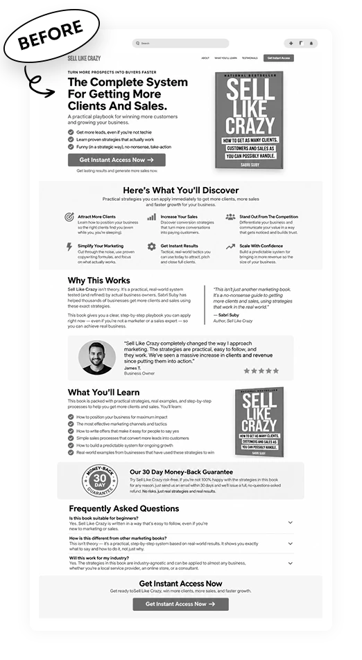 Before: a plain grey sales page with flat book images