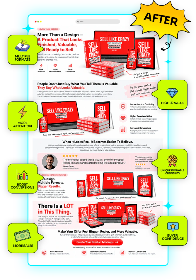 After: the same sales page with realistic 3D mockups, giving more attention, higher value, credibility, conversions and sales