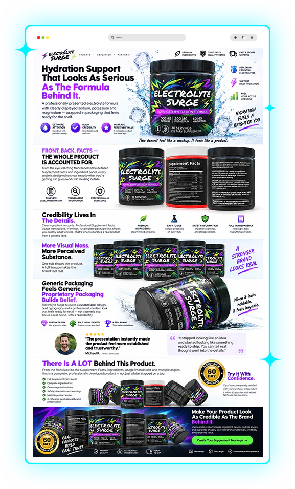 After: the same Electrolyte Surge page with bold 3D product mockups, supplement facts, bundles and a guarantee badge