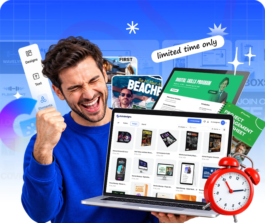An excited man holding a laptop full of ClickDesigns templates, with a limited time only tag and a red alarm clock