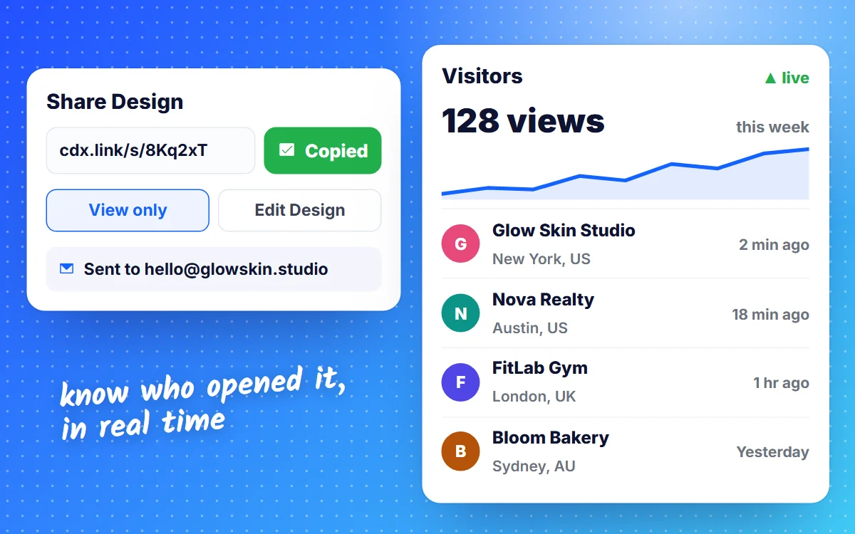 Share link with Copy, View Only access and a visitor counter