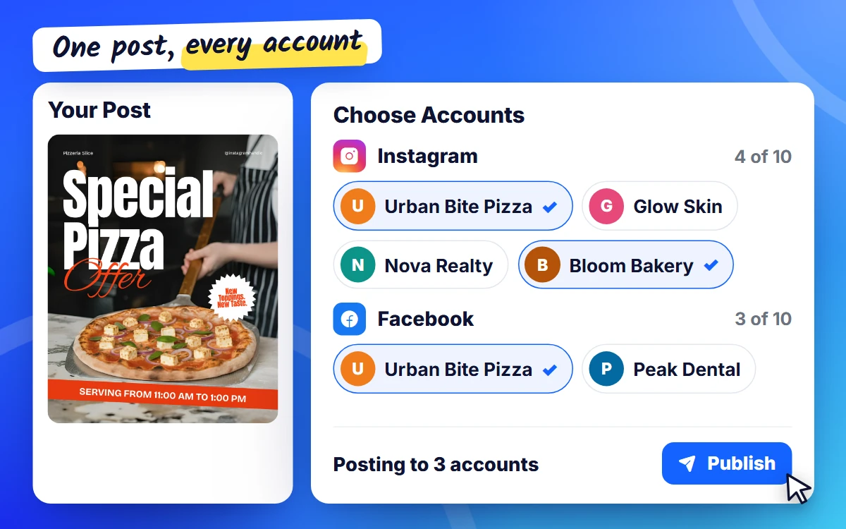 Choosing several accounts on Instagram and Facebook and publishing one post to all of them