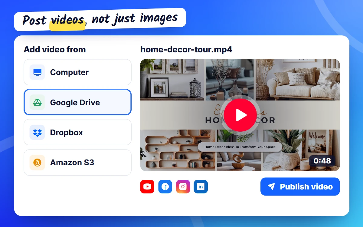 Publishing a video from Google Drive to YouTube, Facebook, Instagram and LinkedIn