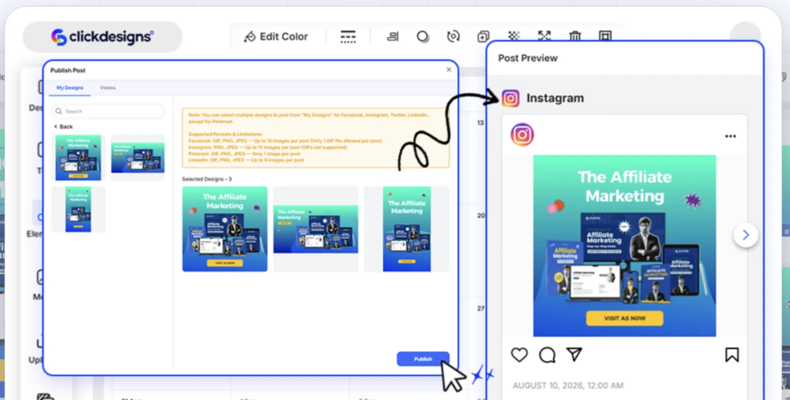 Publishing the designs with a live Instagram post preview
